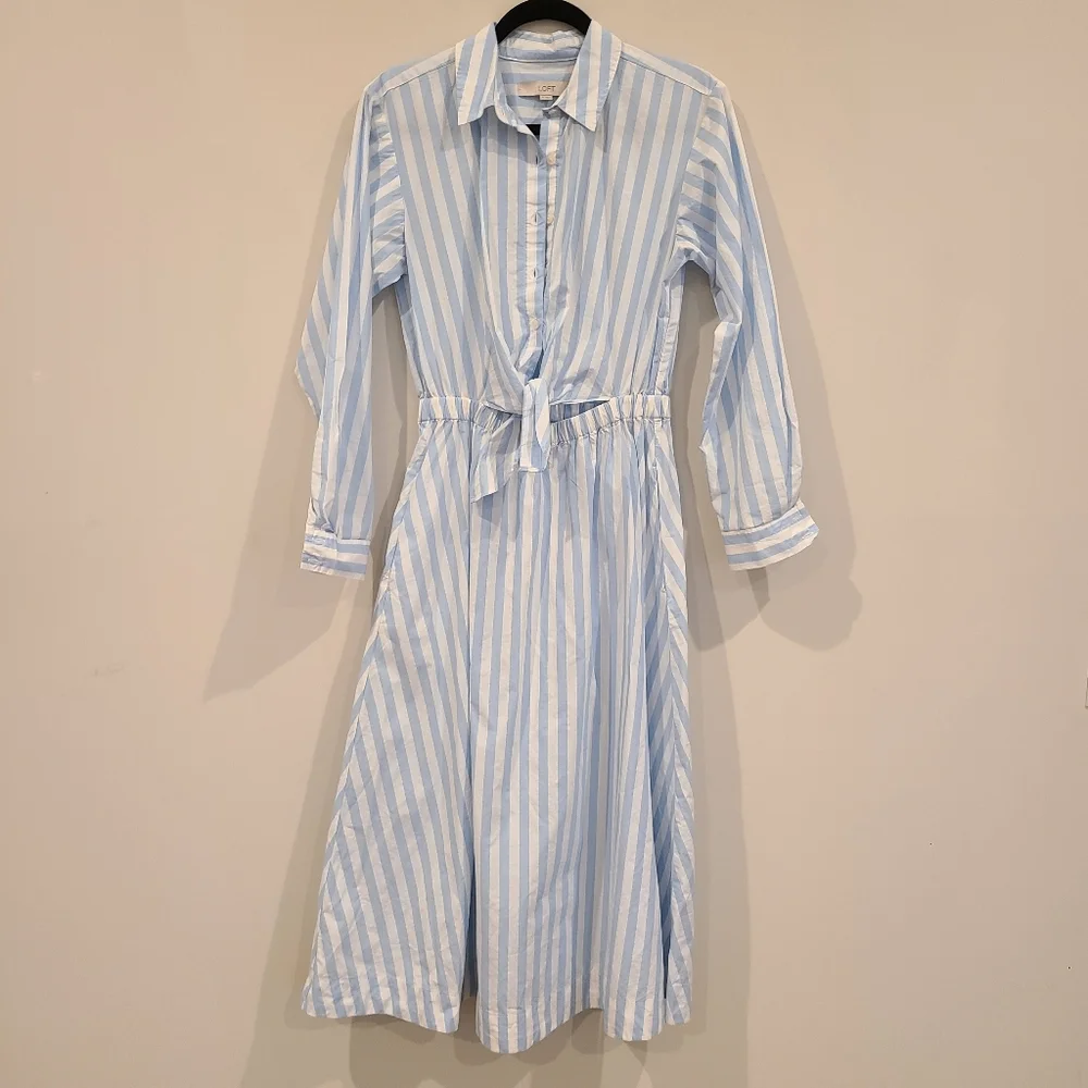 Loft Blue And White Stripe Tie Peek A Boo Front Button Cotton Maxi Shirt Dress - Picture 2 of 9